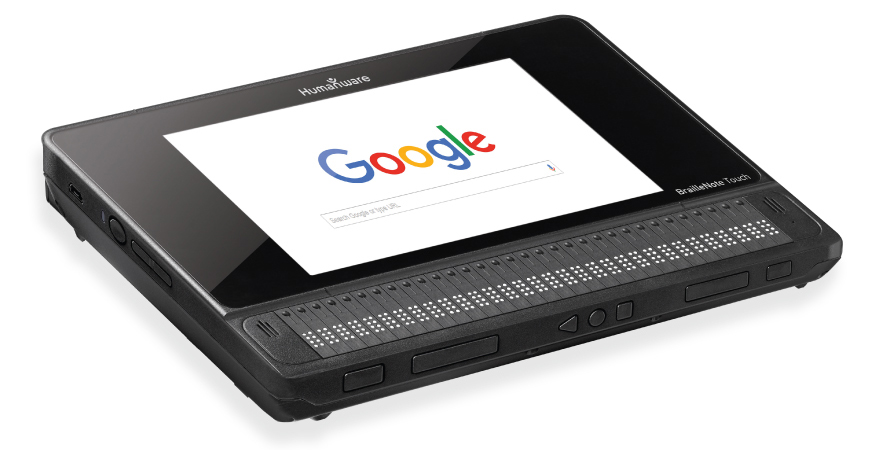 Photo of the BrailleNote Touch showing the Google page on its screen
